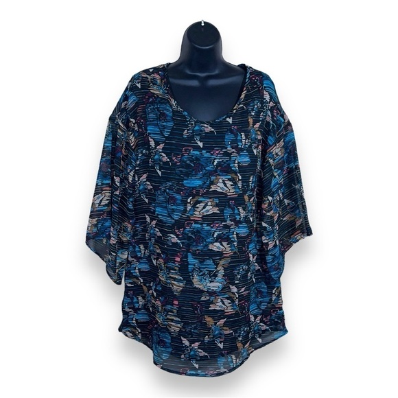 MEDIUM RUSTY BRAND BLOUSE BLACK TEAL FLORAL STRIPED KIMONO SLEEVE - Picture 1 of 13